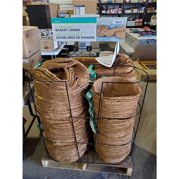 New Bulk Lot Coconut Hair Planter Liners - Round 12", Round 14" Rectangular 30" on Organizing Rack