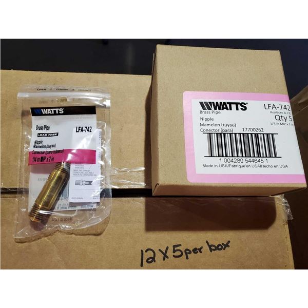 New Watts Brass Pipe Nipples 1/4"x 2" - Lot of 12 Boxes, 5 per box