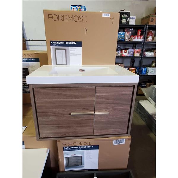 New Carlington Walnut Finish Mirror, Sink Vanity with Cupboard & Pull Out Shelves & 3 Drawer Cabinet