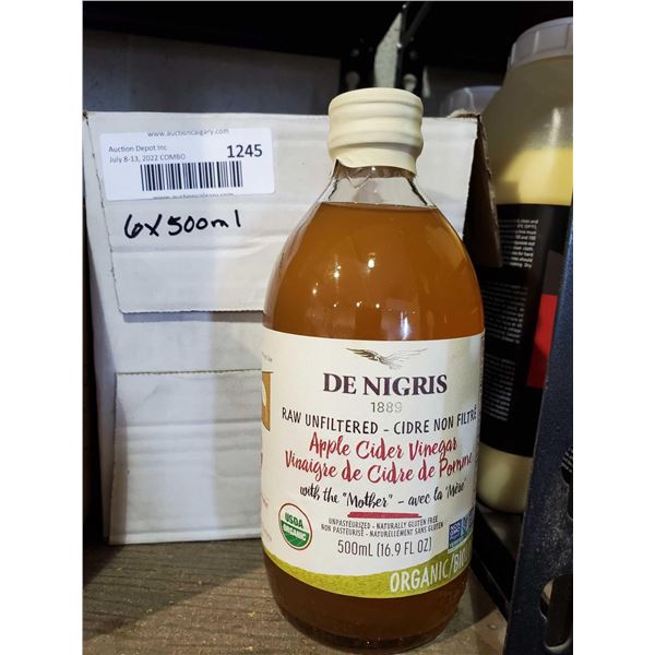 De Nigris Organic Apple Cider Vinegar Case lot of 6 x 500ml