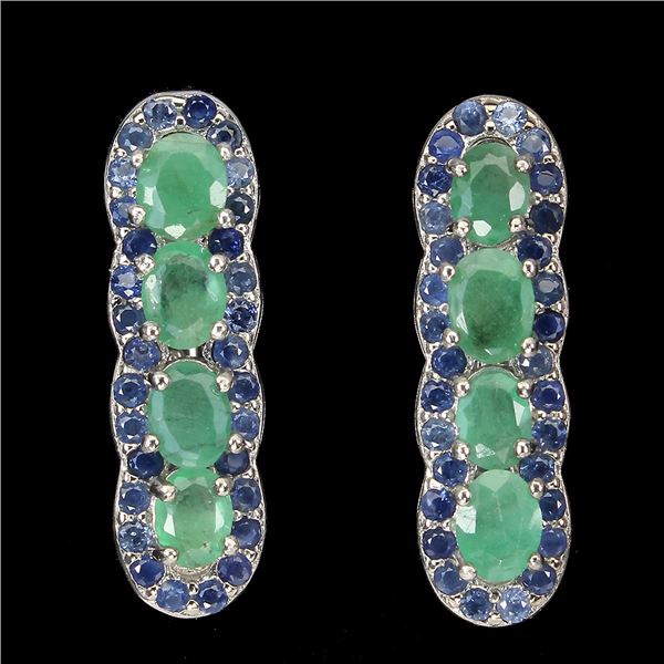 Unheated Oval Emerald 4x3mm Sapphire Diamond Cut 14 k White Gold over 925 Sterling Silver Earrings -