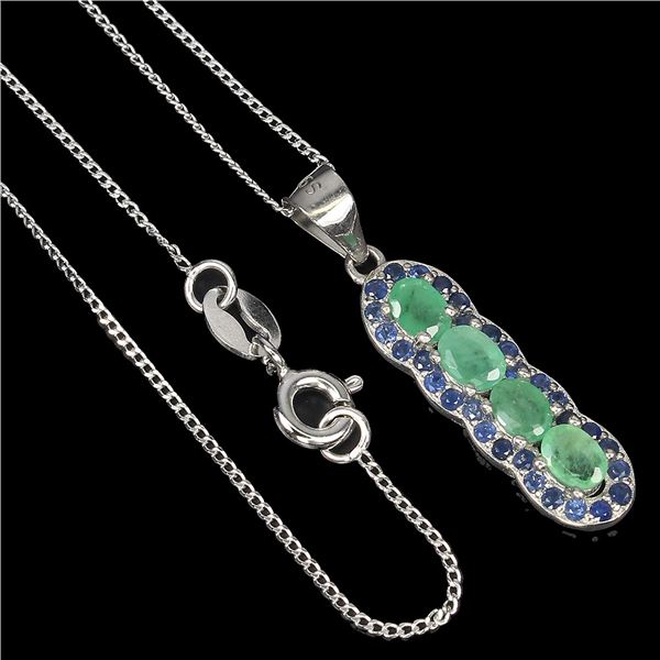 Unheated Oval Emerald 4x3mm Sapphire Diamond Cut 14 k White Gold over 925 Sterling Silver Necklace -