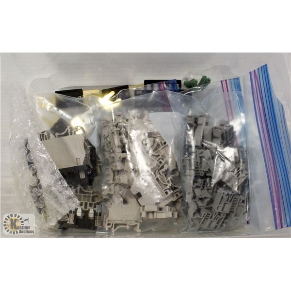 BIN OF 120 VOLT ELECTRIC DIN RAIL PARTS