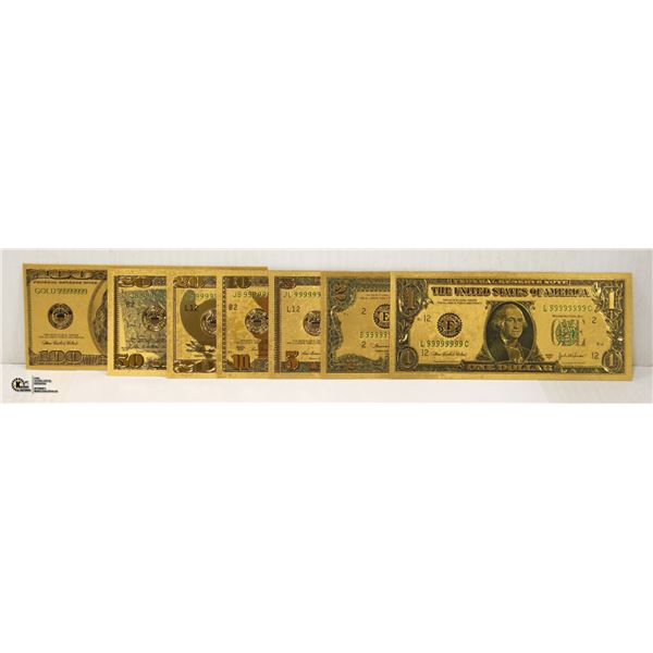 SET OF 7 GOLD FOIL USA DOLLAR BILLS