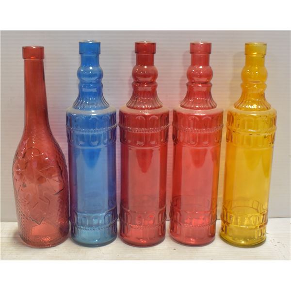 LOT OF 5 ASSORTED COLOUR GLASS BOTTLES