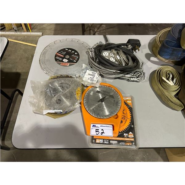 LOT OF ASSORTED SAW BLADES, ELECTRICAL CABLE AND SAFETY CABLE STRAPS