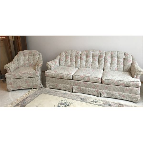 Beautiful White Floral Couch and Chair Set (Pink, Green and Ivory)