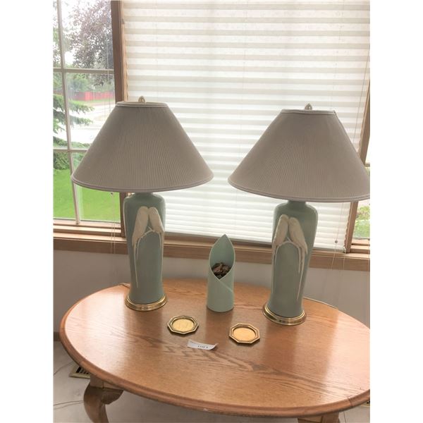 2 Large Teal and Ivory Lovebird Lamps, Matching Vase and 2 Brass Plates