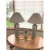Image 1 : 2 Large Teal and Ivory Lovebird Lamps, Matching Vase and 2 Brass Plates