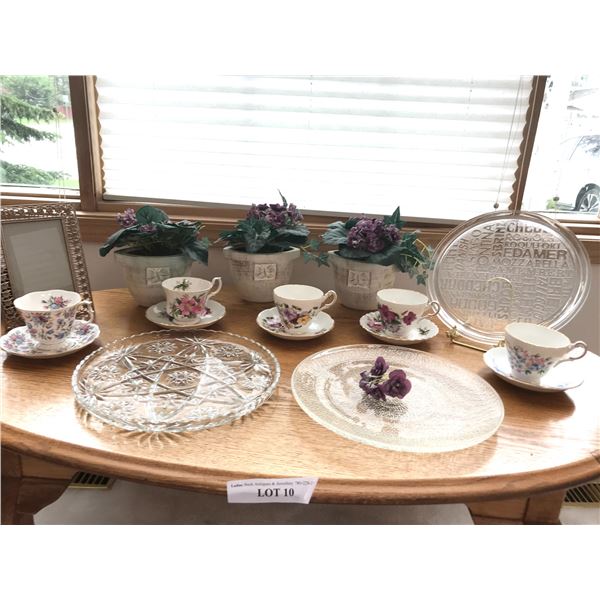 Regency and Royal Albert Teacups and Saucers, Crystal and Glass Plates, Picture Frame, Assorted Silk