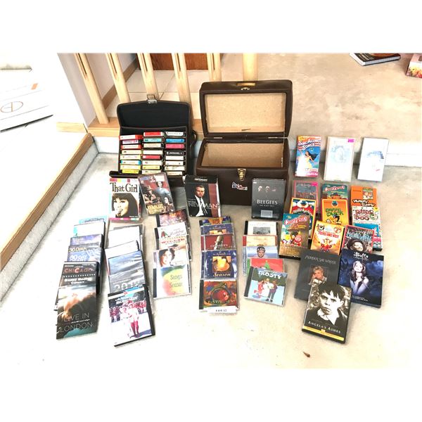 Large Assortment of 8 Tracks, Assorted DVD's and CD's and Cases, VHS Tapes