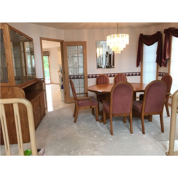 Dining Room Set with 6 Dusty Rose Upholstered Chairs, Includes 2 Leaves (18" each) and China Cabinet