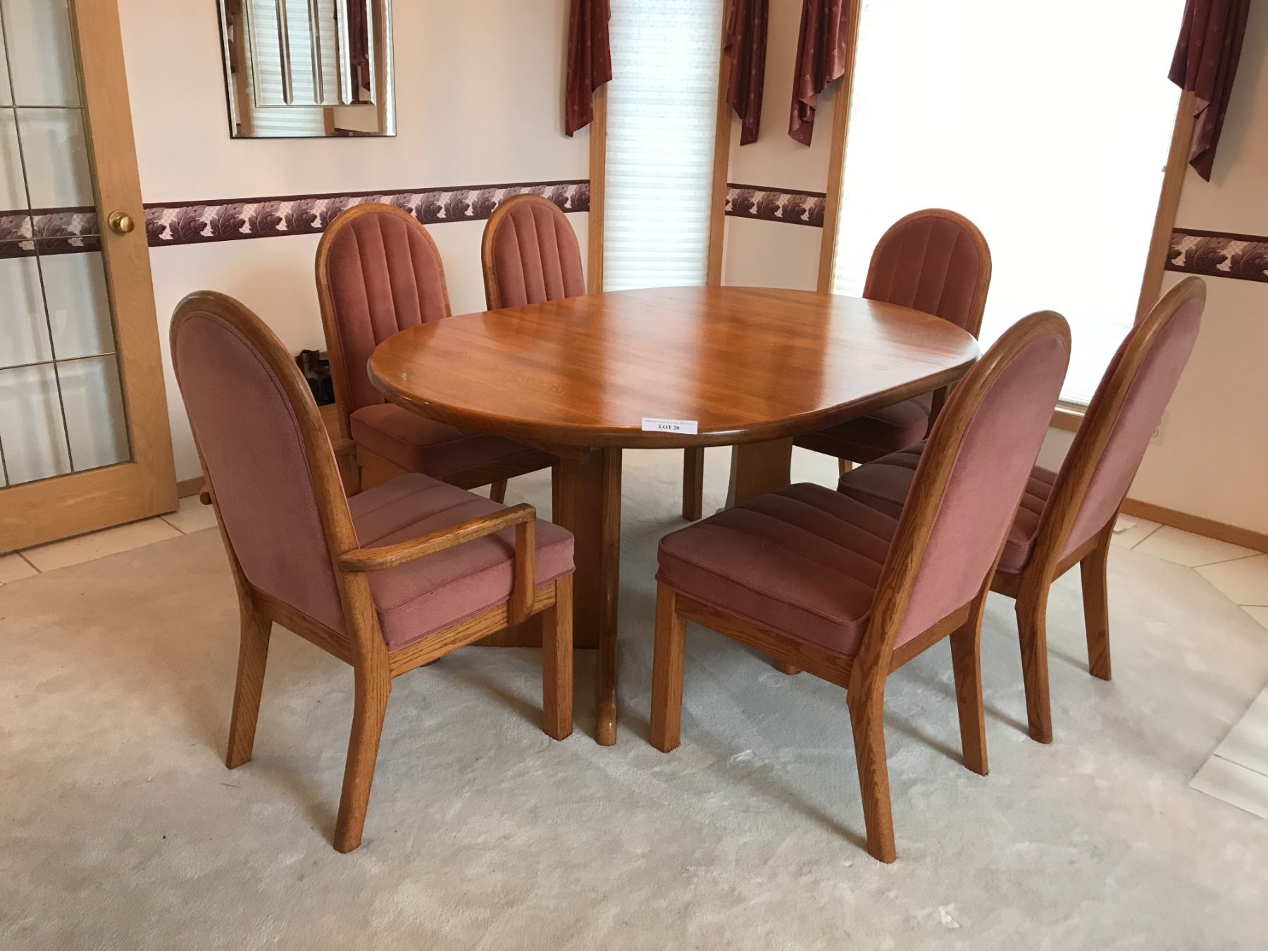 Dining Room Set with 6 Dusty Rose Upholstered Chairs, Includes 2 Leaves