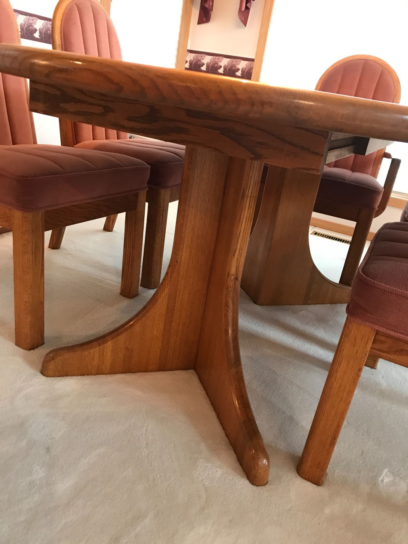 Dining Room Set with 6 Dusty Rose Upholstered Chairs, Includes 2 Leaves