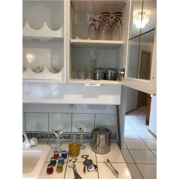 Ice Bucket, Martini Glasses, Flutes, Assorted Short and Tall Glasses, Shot Glasses, Corkscrew, Dolph