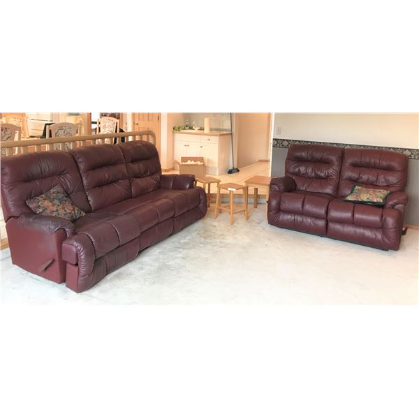 Reclining Burgundy Leather Coach and Love-seat, 1 Wood End Table and 2 Wood Stools