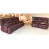 Image 1 : Reclining Burgundy Leather Coach and Love-seat, 1 Wood End Table and 2 Wood Stools