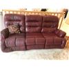 Image 2 : Reclining Burgundy Leather Coach and Love-seat, 1 Wood End Table and 2 Wood Stools