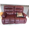Image 4 : Reclining Burgundy Leather Coach and Love-seat, 1 Wood End Table and 2 Wood Stools