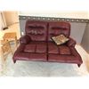Image 5 : Reclining Burgundy Leather Coach and Love-seat, 1 Wood End Table and 2 Wood Stools
