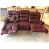 Image 6 : Reclining Burgundy Leather Coach and Love-seat, 1 Wood End Table and 2 Wood Stools
