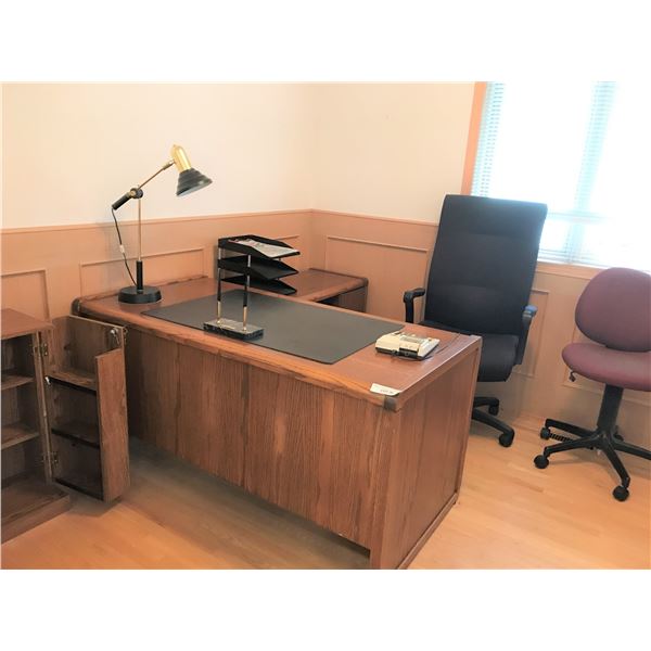 Office Set: L Shaped Wood Desk, Credenza, 2 Computer Chairs on Casters, Desk Lamp, Marble Pen Set, C