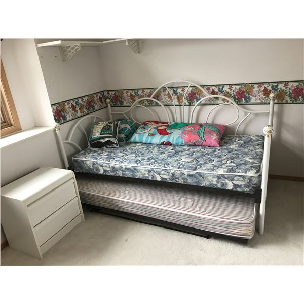 Twin Day Bed that Folds Out, Ariel Pillow, 2 Slumber Bags, Dresser with Mirror, Nightstand