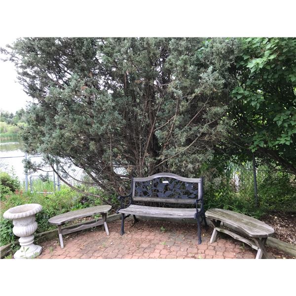 Wood and Cast Iron Bench with Rose Motif, Cement Urn (Crack on Urn), 2 Kidney Shaped Wood Benches