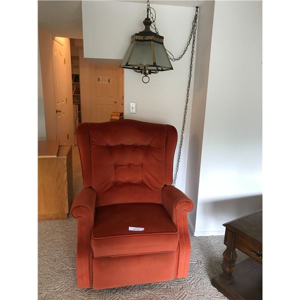 Orange Velvet Reclining Rocking Chair with Swag Lamp