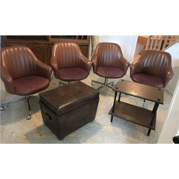 4 Vintage Pleather Chairs on Casters, Ottoman, Side Table and Swag Lamp