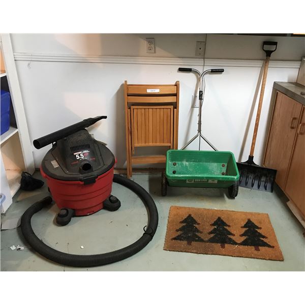Craftsman Wet/Dry Vac, Central seeder, Shovel, Christmas Mat, 2 Wood Chairs