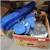 Image 1 : BOX OF KITCHEN ITEMS, POT GLOVES, PANS, UTENSILS AND MORE