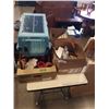 Image 1 : BOX AND 2 TRAYS OF PLANTER POTS, DECORATIONS, NECK MASSAGER HEAT PAD, AIR CASTS