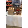 Image 1 : BOX AND 2 TRAYS OF VINTAGE COLLECTIBLES, PIPES, PHONE, KITCHEN ITEMS