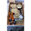 Image 8 : 3 TRAYS OF COLLECTIBLES, BOOKENDS, CALCULATORS, BRASS DOLPHINS, ETC
