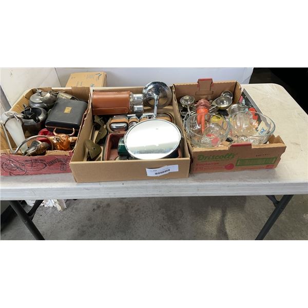 3 TRAYS OF COLLECTIBLES, PEWTER CREAM AND SUGAR, BAR ITEMS, BAR SPOONS, METAL SKATES, ETC