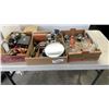 Image 1 : 3 TRAYS OF COLLECTIBLES, PEWTER CREAM AND SUGAR, BAR ITEMS, BAR SPOONS, METAL SKATES, ETC