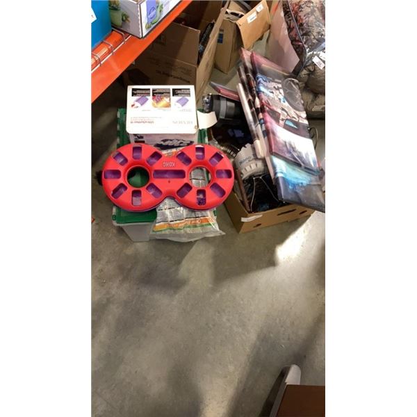 TOTE AND BOX OF ESTATE GOODS, POWER BARS, WATER BOTTLE, HAR CURLER, DECORATIONS, CAT TOY AND LITTER