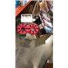 Image 1 : TOTE AND BOX OF ESTATE GOODS, POWER BARS, WATER BOTTLE, HAR CURLER, DECORATIONS, CAT TOY AND LITTER 