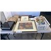 Image 1 : BOX OF COLLECTIBLES, BUTTONS, PORCELAIN FIGURES, FRAMED ETCHING AND PRINT
