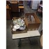 Image 1 : BOX OF CRYSTAL VASES, LARGE CRYSTAL BOWL AND TRAY OF CHINA PLATES, 2 TIER SERVING DISH