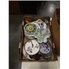 Image 2 : BOX OF CRYSTAL VASES, LARGE CRYSTAL BOWL AND TRAY OF CHINA PLATES, 2 TIER SERVING DISH