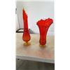 Image 1 : 2 RED AND YELLOW ART GLASS VASES - 16 AND 20 INCHES TALL