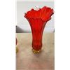 Image 2 : 2 RED AND YELLOW ART GLASS VASES - 16 AND 20 INCHES TALL