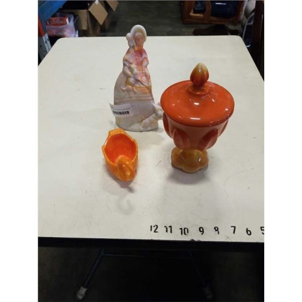 ORANGE AND WHITE ART GLASS SWAN DISH, LADY FIGURE AND LIDDED PEDESTAL DISH