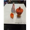 ORANGE AND WHITE ART GLASS SWAN DISH, LADY FIGURE AND LIDDED PEDESTAL DISH