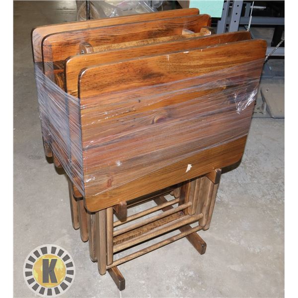 SET OF 4 WOODEN DINNER TRAY STANDS WITH STAND