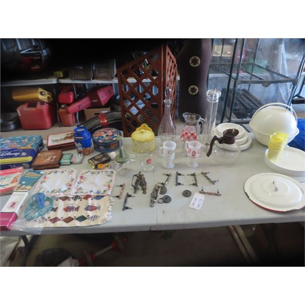 Vintage Picnic Basket, Tins, Door Hardware, Tea Pot, Mugs, Creamers, Kitchen Ware, Books: Alice in W