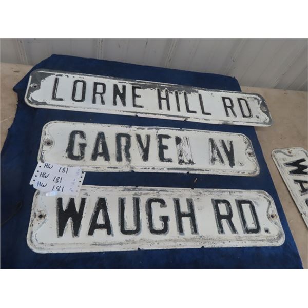 3 Vintage WPG Metal EMbossed Street Signs: Lorne Hill Rd 6" x 30" , Garven Av 6" x 24" , Waugh Rd 6"