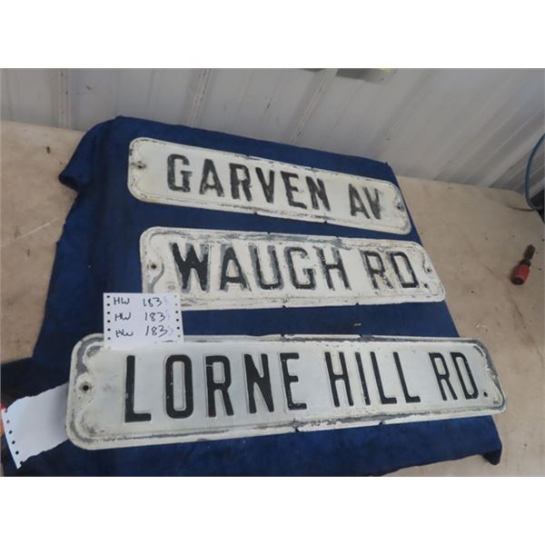 3 Vintage WPG Metal EMbossed Street Signs: Lorne Hill Rd 6" x 30" , Garven Av 6" x 24" , Waugh Rd 6"